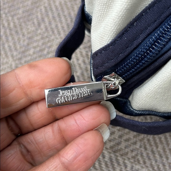 Jean Paul Gaultier Striped Navy and Cream Toiletry Bag. - Picture 7 of 10